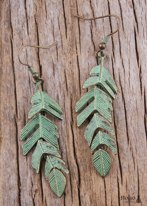 Pendientes bohemios, pendientes colgantes RH, pluma y hoja